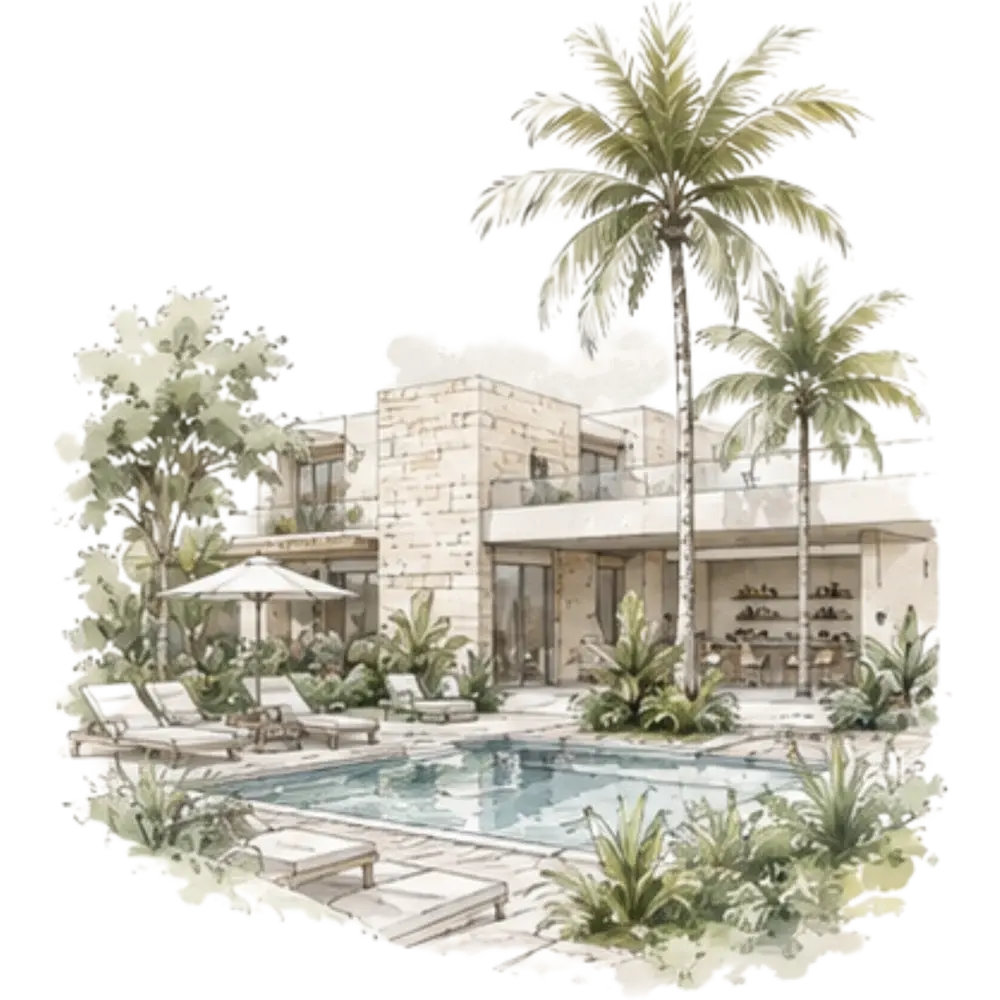 Ilustración en acuarela de la casa club con terraza y palmeras junto a la piscina