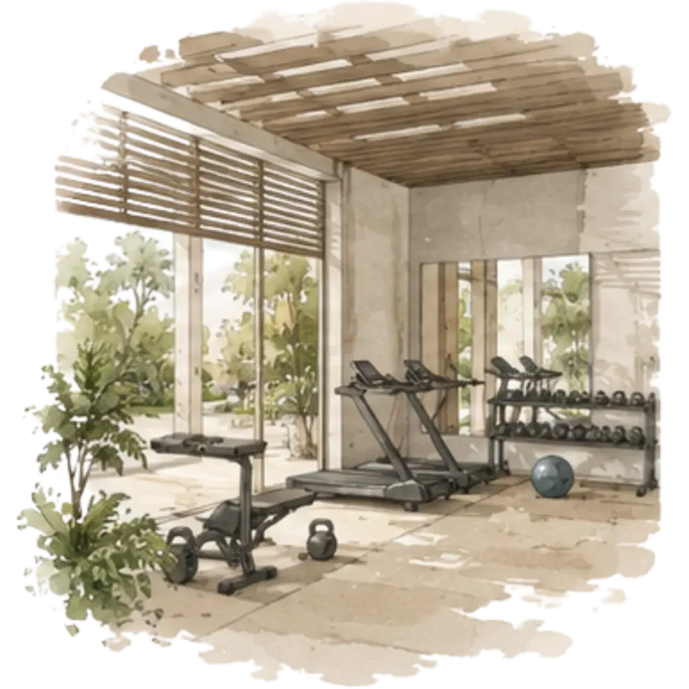 Ilustración en acuarela del gimnasio con equipo de cardio y pesas