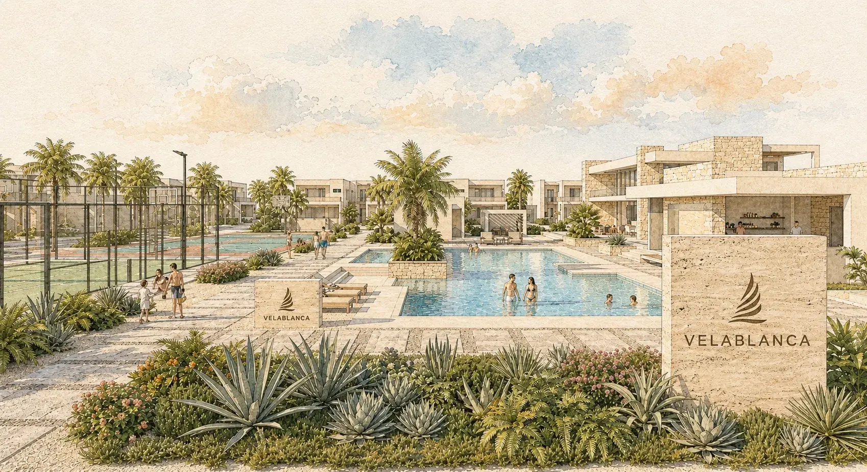 Piscina y casa club de Velablanca rodeadas de vegetación