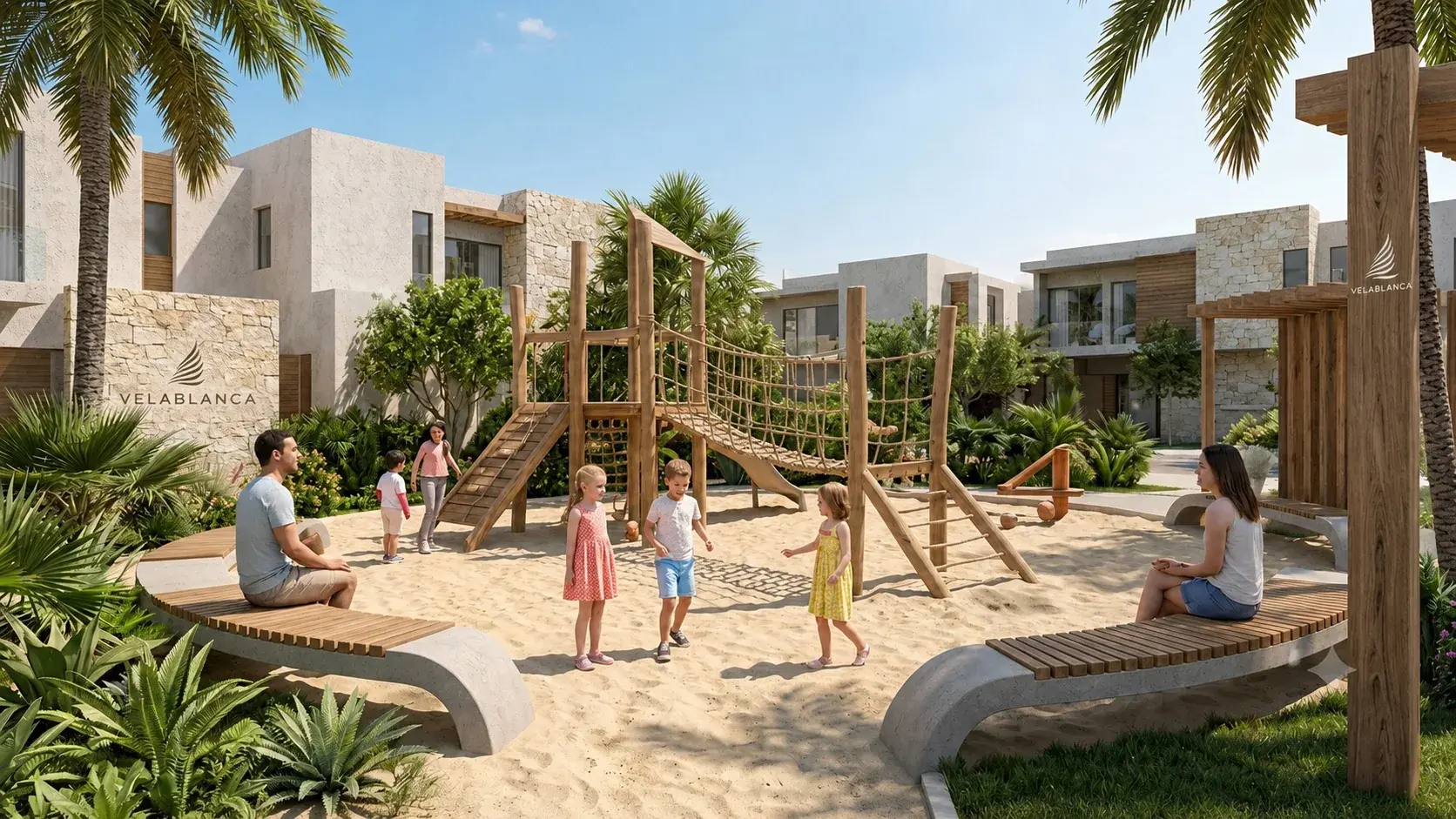 Parque infantil con juegos de madera